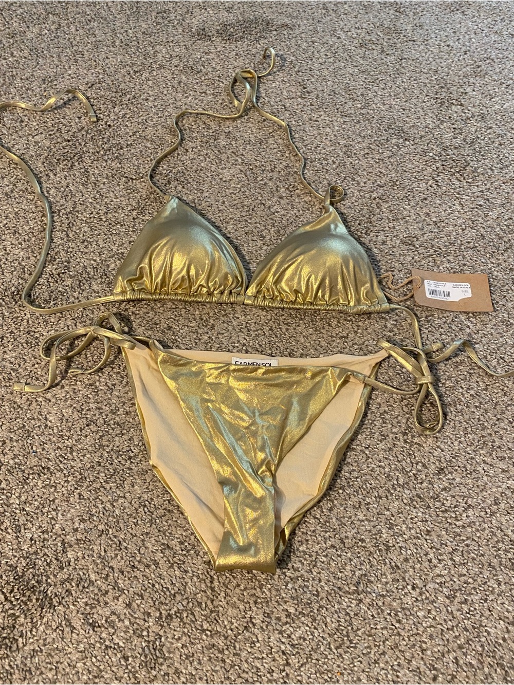 Carmen Sol Triangolo Gold Metallic Tie-Side Bikini NWT